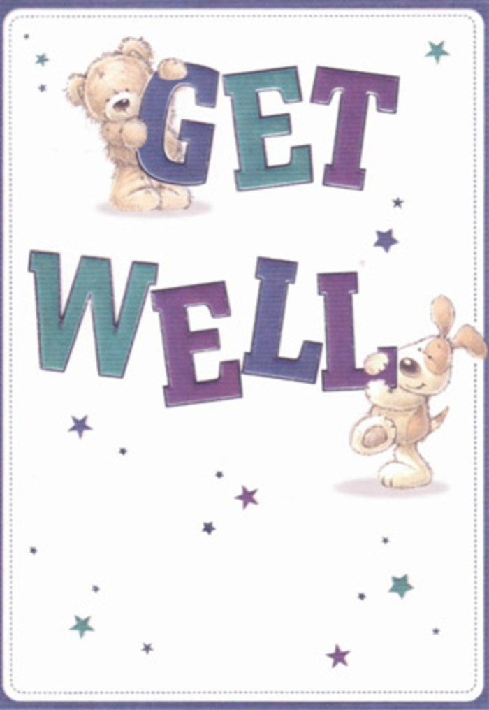 The get well card illustrated here feels like a little story of friendship and recovery unfolding on a creamy white canvas. In the centre, the words GET WELL dominate the scene, drawn in large, rounded letters that feel almost touchable, as though cut from soft foam or fabric. The letters glow in a palette of indigo, plum purple, and cool teal, the colour softly layered so that edges are darker and centres subtly lighter, giving a sense of depth and gentle movement. Resting cheerfully on top of the word GET, a teddy bear with toffee-brown, gently textured fur stretches its arms around the letters in a protective embrace, its small oval nose and shiny, dot-like eyes conveying pure, uncomplicated affection. Below, a golden-tan puppy with luxuriously long, floppy ears supports the word WELL, front paws braced against the letters as if helping to hold the message steady. Its head tilts slightly, mouth curved into a tentative little smile that seems to say, I'm here until you're feeling better. Around the text and characters, tiny star shapes and starbursts in shades of sky blue, violet, and aqua are scattered like confetti, adding movement and sparkle without crowding the composition. The crisp white background acts like a deep breath of fresh air, echoing the clarity and light you might feel stepping out near Shepherd's Bush Green after a long day indoors. The overall impression is comforting, playful, and quietly hopeful, much like receiving a carefully chosen bouquet and card from a local friend-something you could imagine Flower Delivery Shepherd's Bush including with a small, uplifting arrangement for someone resting in a nearby flat or recovering at home.