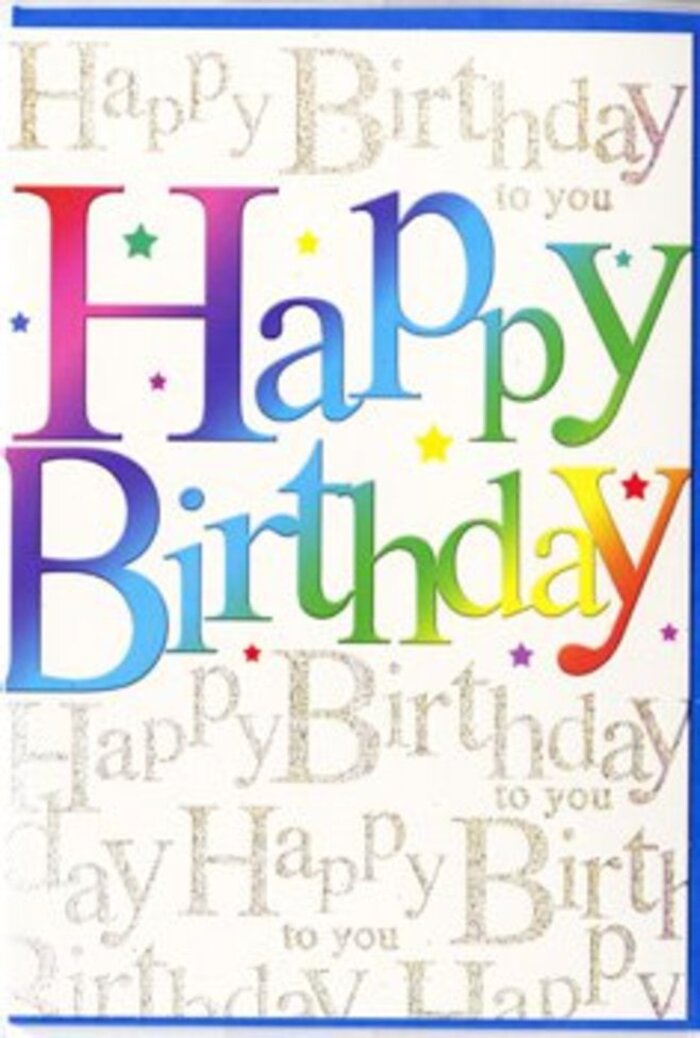 This birthday card looks like it was made to capture the excitement of a party spilling out of a Shepherd's Bush townhouse onto the pavement. The central focus is the bold, oversized Happy Birthday message that runs confidently across the front, the letters thick and smoothly contoured, inviting the eye to follow each curve. Every character is infused with a rich fusion of colours: scarlet warming into coral, cobalt sliding into teal, lime softening into lemon yellow, and occasional touches of magenta and royal purple, reminiscent of a florist's bucket of mixed stems outside a shop near Shepherd's Bush Market. The hues fade gently into one another rather than standing in harsh blocks, creating a dreamy rainbow effect that feels cheerful but still sophisticated. Behind this lively lettering, the whole background is covered in neat, flowing script rendered in fine metallic gold. Over and over, the words Happy Birthday to you are written in a looping, slightly slanted hand, close enough together to form a gleaming pattern, yet still legible. When you picture light from a nearby window or a café lamp on Goldhawk Road hitting the card, you can imagine the gold words twinkling softly, like reflections in a glass vase filled with water. There are no additional images, only stars of glitter tucked into the ink that provide tiny points of sparkle, echoing the way tiny dew drops catch morning light on freshly delivered flowers. The design strikes a lovely balance between exuberant and thoughtful, making it ideal for someone whose birthday deserves more than a quick note-someone you'd happily surprise with a bright bouquet and this radiant card, delivered together to a home just off Holland Park Avenue.