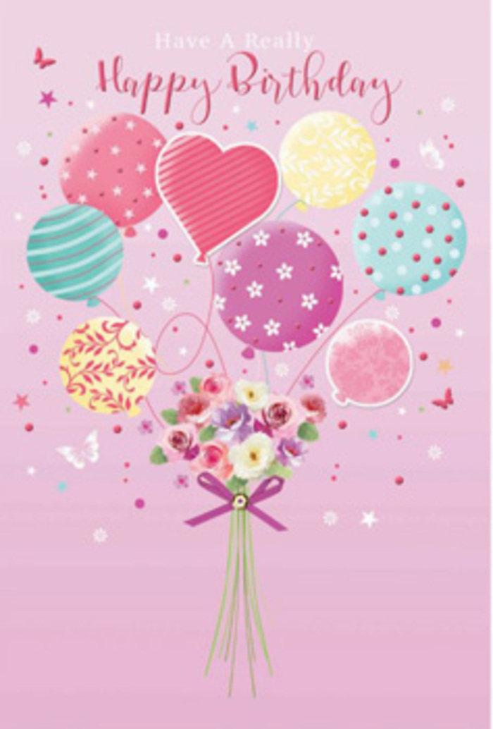 Whimsical birthday card artwork showing pastel balloons lifting a petite floral bouquet, styled with the gentle, celebratory flair you might expect from a Shepherd's Bush florist. The background is a tender blush pink, as soft as early evening light over the tree-lined streets off Goldhawk Road. At the centre, a cluster of balloons rises together, their rounded forms overlapping in a cloud of pale sunshine yellow, rosy fuchsia, lavender, and seafoam green. The surface of each balloon gleams subtly, as though reflecting candles on a birthday table, and no two are exactly alike. Some are wrapped in swirling stripes that curl like ribbons in a shop window, others are dotted with playful polka spots, and a few are trimmed with delicate floral patterns that echo the flowers below. Suspended from the balloons, slim ribbons draw the eye down to a dainty hand-tied bouquet. Here, little roses and daisy-like blossoms blend cream, blush, and soft rose tones, their petals shaded as if kissed by morning light. The flowers are gathered neatly and bound with a sparkling purple bow, the satin knot catching a highlight that suggests careful hands have just finished arranging it, ready for birthday delivery from Flower Delivery Shepherd's Bush. Around the composition, tiny butterflies and twinkling star shapes drift, creating a sense of gentle movement, like a daydream or a garden party paused in mid-air. The entire scene whispers happiness rather than shouts it, offering a tender, thoughtful birthday greeting that feels perfectly suited to someone cherished, whether they live near Shepherd's Bush Market or along the quieter residential lanes.