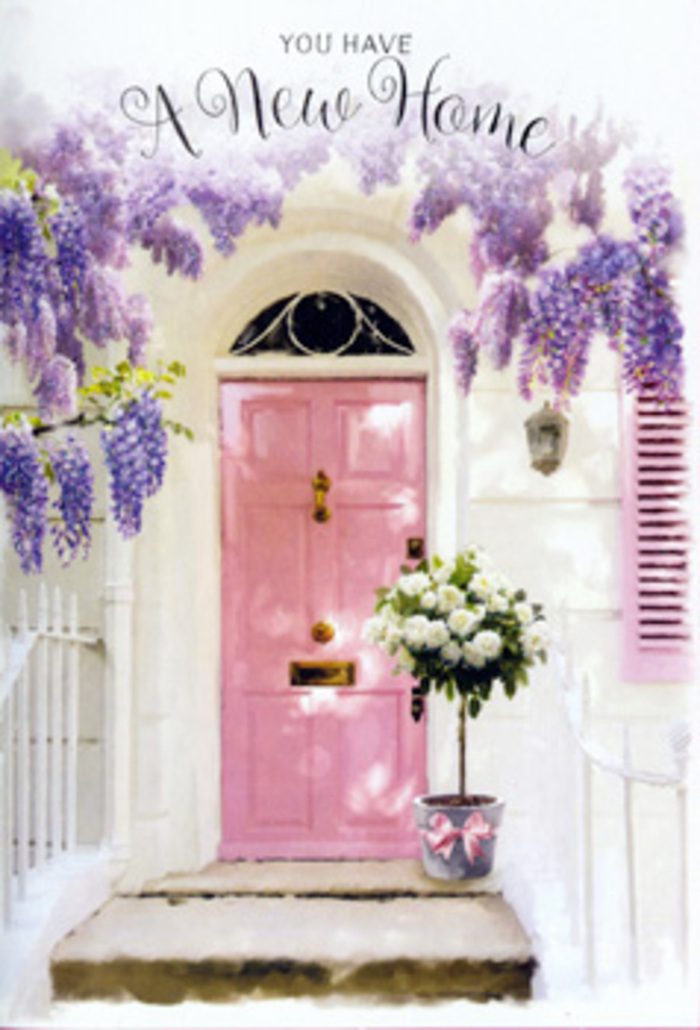 At first glance, this doorway scene could be a hidden gem just off Shepherd's Bush Market, captured on a mild spring afternoon when everything feels possible. A soft pink front door stands proudly at the centre, its gentle hue reminiscent of strawberry cream, brushed smoothly onto the wood so that every panel catches the light. The surrounding wall is whitewashed and quietly textured, giving the entrance a calm, timeless backdrop. Above, lush wisteria drapes itself like a velvet curtain, its trailing blossoms rendered in shades of lavender, lilac, and pale purple. Each dangling cluster forms a tiny waterfall of petals, and together they frame the door with an arch of romantic colour and scent, evoking that unmistakable sweetness you catch on the breeze near the gardens lining the side streets off Wood Lane. To one side of the door and slightly forward on the stone step, a rounded metal bucket in a cool grey tone has been thoughtfully placed. It's filled with a generous cluster of white and cream roses, their blooms full and layered, as if captured at the peak of freshness. Soft green foliage peeks between the roses, adding depth and a touch of woodland charm. Around the bucket's base, a soft pink ribbon is tied with care, the bow neatly formed and its satin edges catching the light in a delicate sheen that echoes the door's colour. Gentle sunlight spills over the scene, filtering through the wisteria to create dappled shadows that dance across the step. The overall feeling is of a heartfelt welcome, a floral blessing for someone starting life in a new home in Shepherd's Bush, carrying with it hopes of shared meals, laughter drifting through open windows, and quiet evenings spent under the same soft, floral sky.