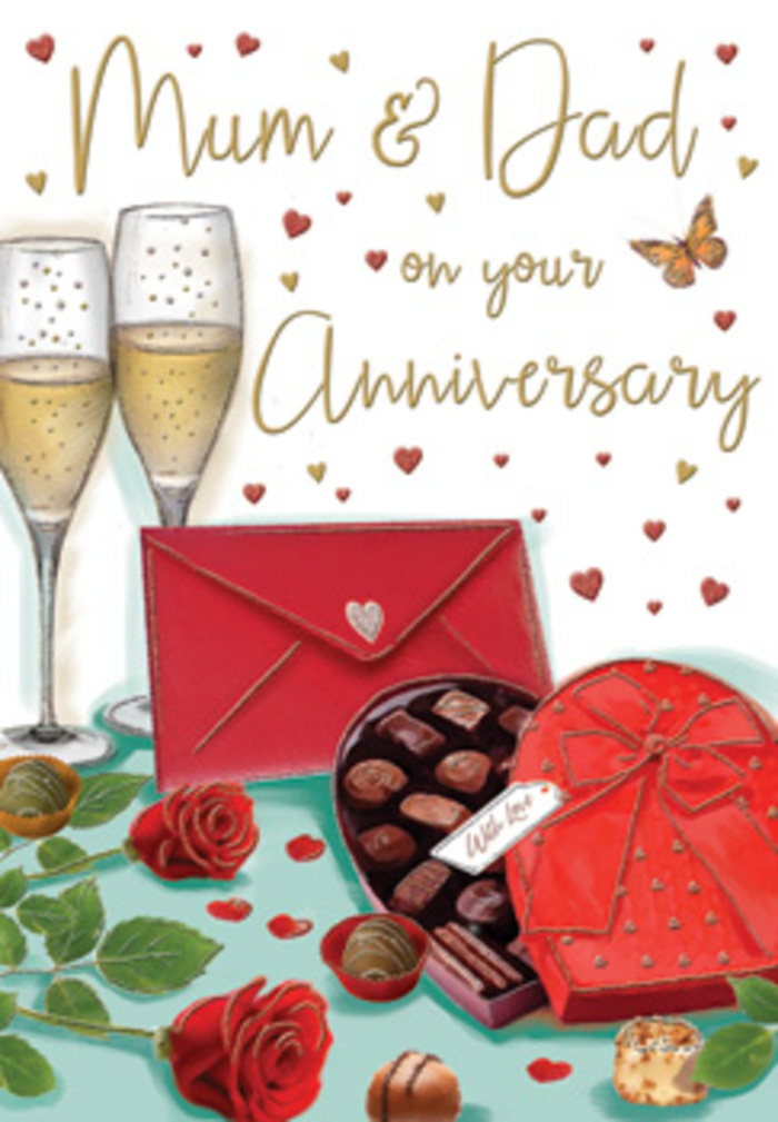 The illustrated anniversary card unfolds like a romantic still-life, evoking the warmth of an intimate celebration in a Shepherd's Bush flat after a special dinner. Dominating the scene are two tall champagne glasses placed close together, each filled with shimmering golden bubbles that seem to rise lazily through the clear glass. The artist has used gentle highlights to suggest reflections from soft indoor lighting, creating an almost candlelit atmosphere. Just in front of the flutes lie two sumptuous red roses, their blooms open and full, the petals shaded from deep crimson at the base to a lighter, velvety red at the edges. Their plush texture suggests the same attention to quality and freshness a local florist would choose for an anniversary bouquet delivered near the Shepherd's Bush Green. A heart-shaped box of chocolates adds a luxurious note; the lid is wrapped with a wide, satin-red bow whose flowing tails curve around the box. Inside, individual chocolates are drawn with care, their rounded shapes glistening softly as if coated in rich ganache. A few pieces rest outside the box, adding depth and a sense of relaxed enjoyment. To the side, a scarlet envelope, neatly sealed, implies a heartfelt, handwritten message meant just for Mum and Dad. Above and around the main elements, the background is sprinkled with tiny hearts in gold and crimson, swirling around hand-lettered wishes that reinforce the loving theme of the card. Altogether, the composition blends romance, nostalgia, and familial gratitude, as though it were capturing the quiet climax of an anniversary evening, when glasses are raised and memories are shared in peace.