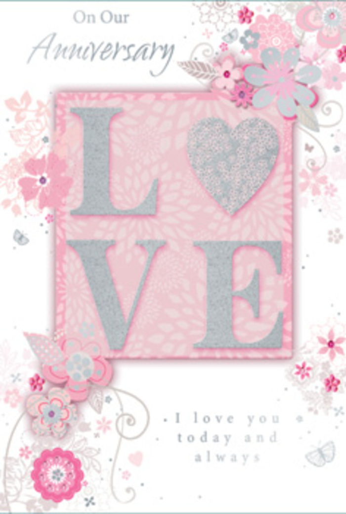 This anniversary card is presented as though it has just been opened on a cosy Shepherd's Bush kitchen table, capturing the intimate mood of a shared milestone. Dominating the centre of the design is the word LOVE, printed in a bold but graceful typeface, each letter generously raised from the surface of the card. The letters are coated in fine frosted glitter that shifts between blush pink and pearlescent white as the light moves, with delicate hints of silver that glint like tiny facets on a wedding ring. The texture looks softly grainy and touchable, suggesting the pleasing sensation of running a finger over embossed petals. Surrounding this, a halo of hand-drawn blooms and airy sprays drifts along the borders and corners. The flowers, in shades of pink, lilac-tinted blush, and creamy ivory, feel whimsical yet refined, their petals outlined in slender lines reminiscent of an artist's pencil sketch. Small leaves, twining stems, and occasional filigree curls weave through the composition, echoing the way a florist might thread foliage through a romantic arrangement. At first glance the background appears a simple soft pink, but a closer look reveals the faintest gradation of tone, adding depth like the sky at first light over Shepherd's Bush Green. Hidden among the floral tracery are a few almost-secret butterflies, rendered in the palest silver-grey, suggesting the flutter of a heart on an anniversary morning. The key sentiment-I love you today and always-is laid out in understated yet elegant script, balanced carefully so it feels personal rather than showy. The overall effect is gentle, lyrical, and comforting, much like receiving a lovingly hand-tied bouquet from a trusted local florist who understands the significance of every year shared.