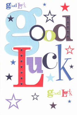 This lively good luck card evokes the creative, multicultural energy of Shepherd's Bush, with each letter artfully designed in a medley of soft blue, bright red, lush green, and regal purple. The oversized baby-blue 'g' anchors the cheery message, while the card is scattered with playful stars in navy, sapphire, lavender, and gentle lime-each resembling a glimmer from a market stall beneath the high-rises near Shepherd's Bush Green. The texture is smooth and satisfying, reminiscent of well-chosen stationery from a local independent shop, offering that subtle joy of running one's hand across fine material. The riot of colors is given room to breathe on the stark white canvas, conjuring a feeling of encouragement-a gentle nudge, much like neighbours cheering at Loftus Road stadium on match day. Balanced between boldness and warmth, the card extends more than luck: it offers anticipation for life's big milestones, whether a friend's move across to W12 or the next step in their career. The stars, varying in size and tone, seem to promise endless possibilities, as if Shepherd's Bush itself is rooting for your success, every detail thoughtfully chosen like flowers arranged for delivery across the area by a caring local florist.