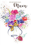 The image on this Mother's Day card shows a lively, watercolour-style bouquet that seems to bloom right off the page, as if arranged in a small Shepherd's Bush studio flooded with soft daylight. At the centre, rich purples, bright fuchsias, and vibrant cerise flowers cluster together, their forms loose and impressionistic rather than tightly drawn. They are joined by softer blue and lavender blossoms and touches of warm apricot and coral, each shade blending gently into the next so the bouquet appears both full and weightless. Deep indigo lines sketch the petals and stems, providing structure while still keeping the painting free and fluid. Fine streaks of gold dance along the edges of petals and leaves, adding a gentle shimmer reminiscent of sunlight glancing off the tops of trees lining nearby residential streets. The flowers are gathered in a simply rendered vase with curved sides, finished with a glowing golden bow that mimics the feel of satin ribbon tied snugly around a hand-tied bouquet ready for delivery. Around the arrangement, scattered flecks and splashes of colour, along with small heart motifs, float on a clean white background, creating a sense of celebration and joyful movement, like confetti drifting after a family lunch out in W12. The entire composition radiates warmth, tenderness, and quiet gratitude, beautifully capturing the special bond between mother and child and echoing the same care and artistry that goes into local Mother's Day flower deliveries across Shepherd's Bush.