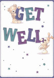 A whimsical get well card illustration shows a cuddly teddy bear and a floppy-eared puppy working together to hold up the bold message GET WELL. The words are drawn in chunky, playful letters shaded in rich indigo, deep purple, and teal, with soft gradients that give the text a slightly three-dimensional feel. The bear, with honey-brown fur that looks plush and huggable, clings cheerfully to the top of the word GET, its round paws and gentle expression radiating comfort and reassurance. Below, the puppy braces the word WELL, its velvety ears flopping to one side and its muzzle nudging the letters as if urging the viewer to feel better soon. Both characters have wide, expressive eyes and tiny, curved smiles that suggest kindness and loyal companionship, like beloved childhood toys kept on a nightstand. All of this is set against a clean, creamy white background that feels as fresh as a newly made hospital bed or a bright morning in Shepherd's Bush, with scattered starbursts and twinkling stars in shades of blue, aqua, and purple dancing around the figures. The stars echo the hopeful sparkle of a get well bouquet arriving at a doorstep near Shepherd's Bush Green or Uxbridge Road, carrying light into a tougher day. The composition is simple yet thoughtfully balanced, with plenty of breathing space around the central design, allowing the message and characters to shine. The overall mood is one of gentle optimism and childlike comfort, like a warm hug paired with a vase of fresh flowers quietly brightening a bedside table.