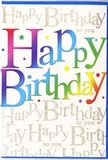 The front of this birthday card radiates the same upbeat energy you might feel walking through Shepherd's Bush on a sunny weekend, when the streets are busy and shop windows are full of colour. In the centre, taking pride of place, are the words Happy Birthday in large, rounded capitals that seem to almost hover above the card. Each letter is painted in a lush gradient, shifting from deep cherry red into juicy orange, then into striking pinks, cool aquas, leafy greens, and golden tones, a spectrum as varied as the flowers in a busy local florist's display near Westfield. The transitions between shades are smooth and velvety, giving the message a soft, almost luminous appearance. The background is anything but empty; it's thoughtfully filled with repeating lines of Happy Birthday to you written in elegant, cursive script. This fine writing is finished in metallic gold, creating a delicate lattice of words that shimmers when tilted towards the light, much like evening sunlight catching the tops of Georgian brickwork along nearby terraces. The gold script and the rainbow letters play off each other beautifully-the background offering a gentle, affectionate whisper while the main text delivers an enthusiastic shout of celebration. There is a subtle dusting of glitter woven into the gold ink, adding just enough sparkle to feel festive without becoming overpowering. Visually, the card feels polished and modern, yet sentimental at heart. It's easy to imagine it tucked alongside a brightly coloured birthday arrangement on a coffee table near Shepherd's Bush Green, instantly drawing the eye and setting the tone for a joyful, memorable day.