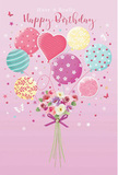 Softly illustrated birthday design featuring a pastel balloon bouquet carrying a sweet cluster of flowers, imagined as a heartfelt greeting sent across Shepherd's Bush. The scene unfolds on a smooth, rose-pink background that feels calm and comforting, much like the quiet back streets branching off Uxbridge Road at dusk. Rising from the lower centre is a bundle of balloons in airy shades of blush pink, mint, lemon, and lavender. Light glides across their rounded surfaces, giving them a gentle sheen, like helium balloons catching daylight through a living-room window. Each one is decorated with its own pattern-some swirl with candy-striped ribbons, others sparkle with neat polka dots, and a central heart-shaped balloon radiates affection, surrounded by smaller companions. Slender curling ribbons trail down and gather into a bouquet of fresh-looking blooms. The flowers resemble delicate roses and anemone-style blossoms, clustered in creamy ivory, pale blush, and soft mauve, the petals layered and almost touchable in their softness. A violet satin bow wraps the stems, its rich purple tone providing a lively contrast and a sense of care, as though tied by a local florist preparing a special birthday delivery nearby. Scattered stars and tiny butterflies dance around the balloons, adding a hint of fairy-tale wonder, like confetti blowing gently over Shepherd's Bush Green. The overall mood is bright yet tender, perfectly capturing the feeling of sending birthday wishes that are light as air but full of meaning, a visual reminder of how flowers and balloons together can turn an ordinary day into something memorable.
