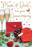 This detailed anniversary card illustration paints a tender scene that feels very at home in Shepherd's Bush, like a lovingly set corner of a dining table after a family celebration. At the heart of the image, two slender champagne flutes stand side by side, filled with softly glowing golden fizz. The bubbles are delicately drawn, suggesting the gentle effervescence of a toast shared between long-married partners. Below them, two rich red roses rest across the table, their full, velvety petals carefully layered to show depth and softness, reminiscent of the premium stems chosen for anniversary flower deliveries across Shepherd's Bush and nearby Brook Green. Their stems and hints of greenery add a touch of natural balance to the bold reds. A heart-shaped box of chocolates occupies the foreground, wrapped in an opulent red bow whose smooth, satiny texture is highlighted with subtle shading. The lid is open, revealing neat rows of assorted chocolates, with a few scattered temptingly outside the box, suggesting sharing and simple pleasure. To one side, a vivid red envelope sits slightly angled, its closed flap and small decorative heart hinting at a private, affectionate message for Mum and Dad. Floating above and around the central objects are tiny crimson and gold hearts and swirling accents, framing the hand-lettered greeting with a sense of playfulness and joy. The warm palette of reds, golds, and soft creams, combined with the careful placement of each element, creates an overall impression of enduring love, gratitude, and the quiet delight of marking another year together.